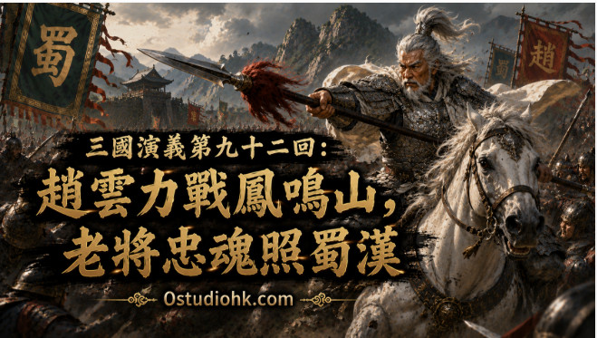 白髮蒼蒼的趙雲騎乘白馬、手持銀槍，在鳳鳴山前奮勇迎戰魏軍，展現老將忠勇風采的歷史場景。