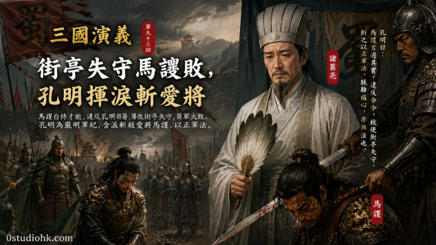 諸葛亮含淚下令處決馬謖，象徵街亭失守後軍法無私的重要歷史時刻。
