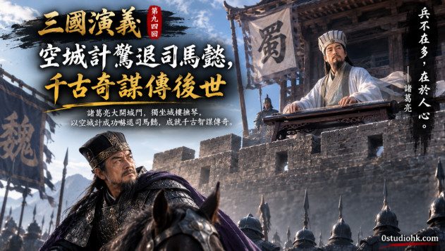 諸葛亮獨坐西城城樓撫琴，城門大開，以空城計成功逼退司馬懿大軍。