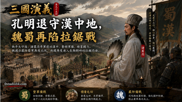 諸葛亮率領蜀軍撤回漢中，在城樓遠望中原，準備下一次北伐。
