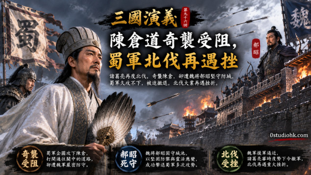 諸葛亮率領蜀軍圍攻陳倉城，魏將郝昭率軍堅守城池，雙方展開激烈攻防戰。