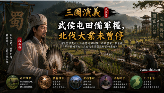 諸葛亮巡視漢中屯田區，士兵一邊耕種一邊操練，為北伐儲備軍糧。