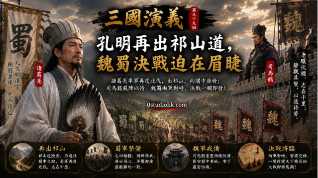 諸葛亮率領蜀軍再次由祁山出兵北伐，魏軍由司馬懿統率嚴陣以待，雙方大軍隔山對峙。