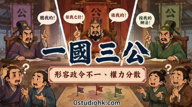 三位古代官員各自發號施令，百姓無所適從，象徵一國三公的混亂局面。