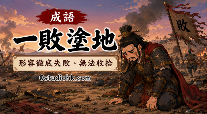 古代將軍兵敗戰場，神情沉重地站在滿地塵土之中，象徵一敗塗地。