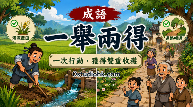 古代農夫與村民一起修建引水渠道，同時改善灌溉與交通，象徵一舉兩得。