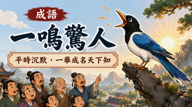 一隻鳥高飛鳴叫，眾人驚訝仰望，象徵一鳴驚人的非凡成就。