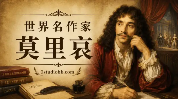 法國喜劇大師莫里哀肖像與古典戲劇舞台主題插圖
