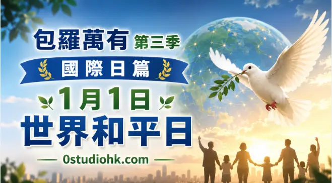 白鴿飛越地球與橄欖枝，背景為旭日初升，象徵世界和平日、希望、團結與和平。