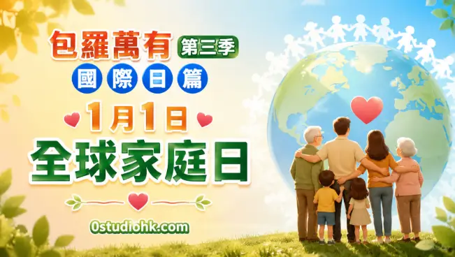 一家人在世界地圖前攜手迎接新年，象徵全球家庭日、和平、團結與關愛。