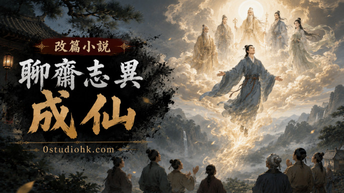 書生隨仙人乘祥雲升天，象徵修身積善終得成仙的古風場景。