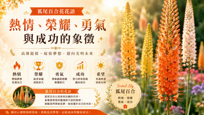 高聳盛開的狐尾百合花序矗立於花園中，象徵熱情、榮耀、勇氣與成功。