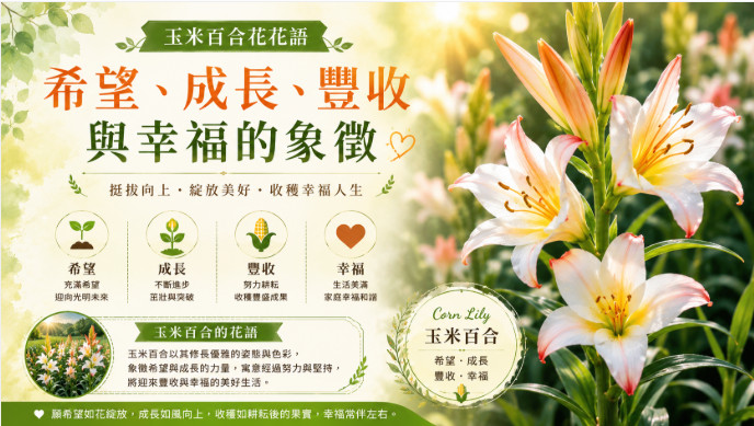 一株姿態挺拔的玉米百合盛開於花園中，象徵希望、成長、豐收與幸福。