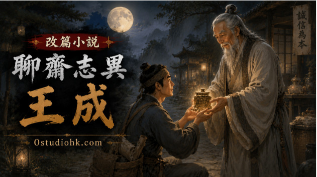 王成挑著貨擔行經山路，獲神秘老人贈予古物，象徵誠信改變命運。 標題： 聊齋志異《王成》誠信帶來命運轉機