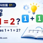 黑板上寫著「1+1=2」，象徵數學與科技的基礎概念。