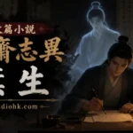 書生葉生化作魂魄，在燭光下繼續伏案寫作的古風場景。