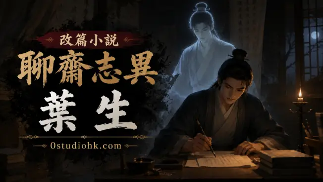 書生葉生化作魂魄，在燭光下繼續伏案寫作的古風場景。