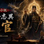 靈官神將手持金鞭立於古廟神殿，威嚴審視善惡的古風場景。