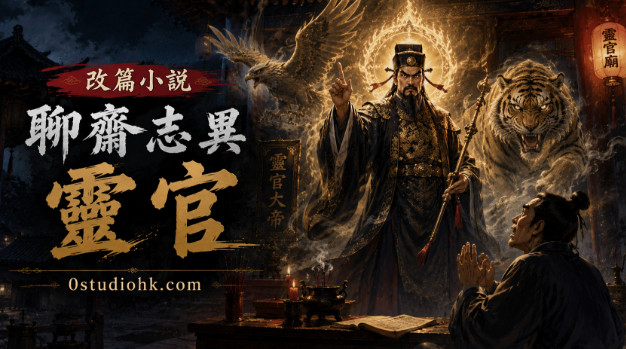 靈官神將手持金鞭立於古廟神殿，威嚴審視善惡的古風場景。