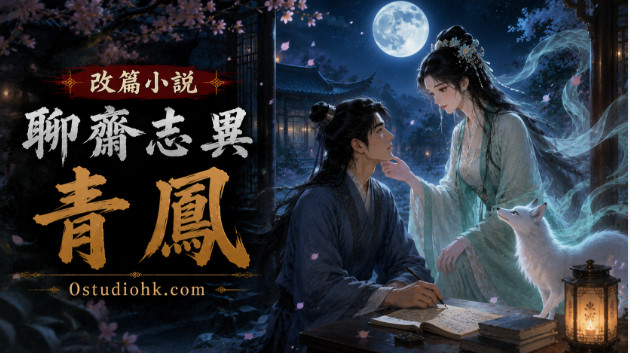 狐仙青鳳與書生在月夜古宅庭院相會，充滿古典浪漫氛圍。