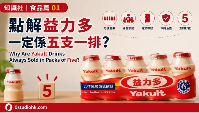 一排五支裝益力多整齊排列，展示品牌經典包裝設計。