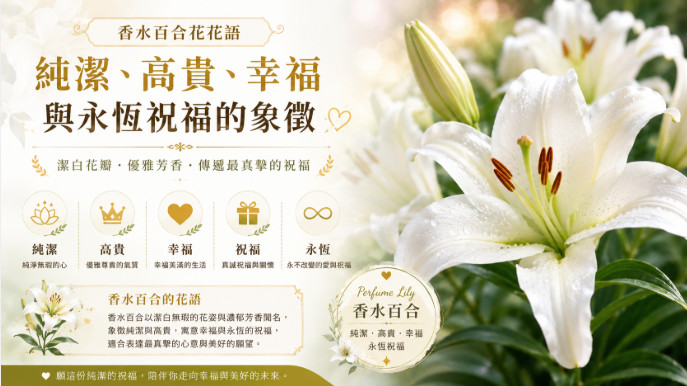 盛開的白色香水百合散發淡雅芳香，象徵純潔、高貴、幸福與永恆祝福。