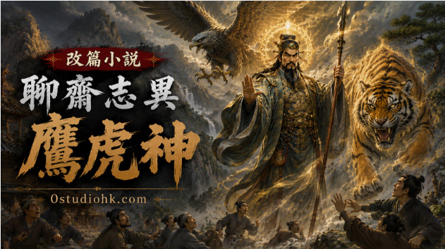 鷹虎神立於山巔，身後浮現巨鷹與猛虎神影，守護森林與百姓。