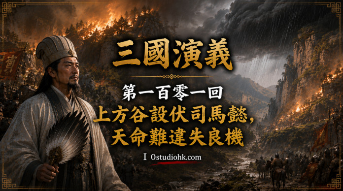 諸葛亮在上方谷設下火攻伏兵，司馬懿率魏軍陷入重圍，卻因暴雨突降而成功脫險。