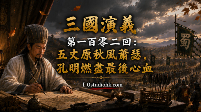 五丈原秋風蕭瑟，諸葛亮在軍帳中批閱軍報，帶病堅持指揮蜀軍北伐。