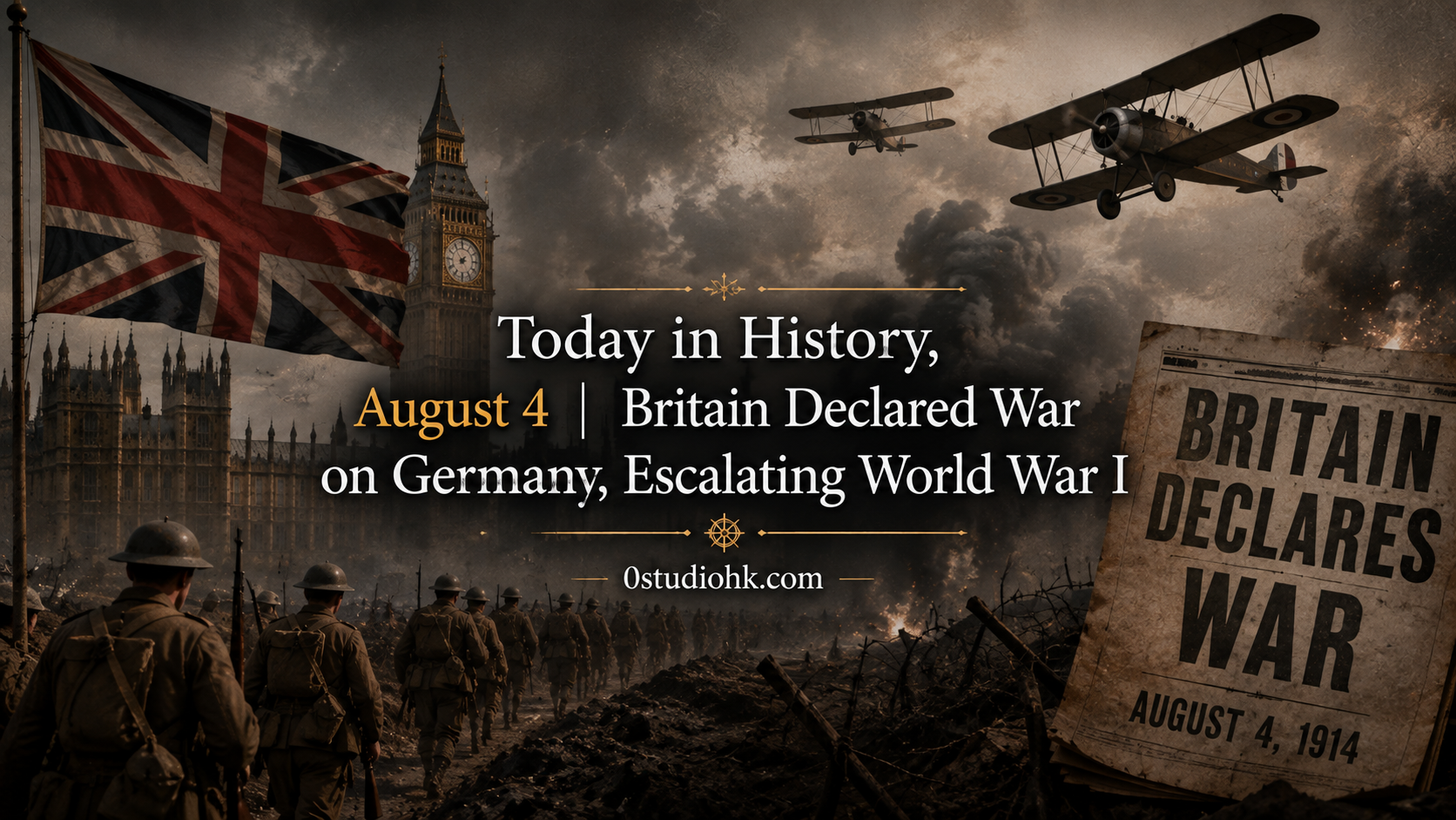 1914年8月4日，英國因德國入侵比利時而正式宣戰，第一次世界大戰全面爆發。