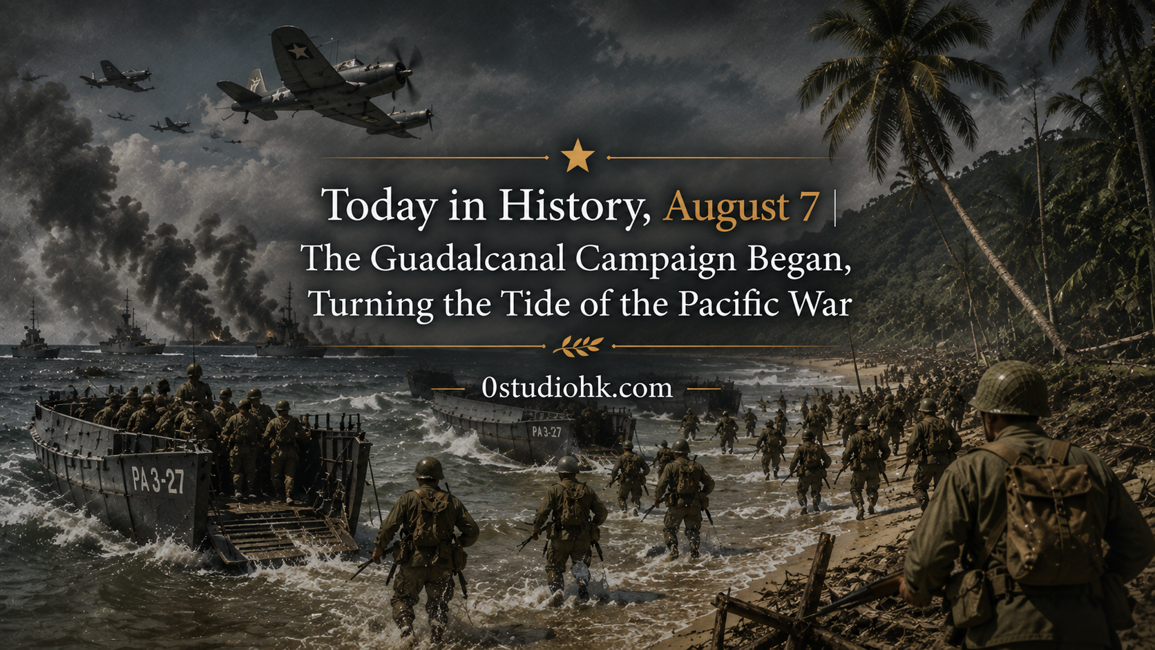1942年8月7日，盟軍登陸瓜達康納爾島，展開太平洋戰爭首次重大反攻。