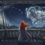 Myths of the Constellations Episode 2 The Silent Guardian official comic cover art featuring Lady Seraphina gazing at the bound giant celestial ram under the Aries constellation.