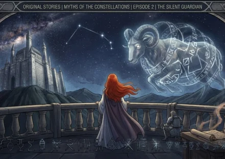 Myths of the Constellations Episode 2 The Silent Guardian official comic cover art featuring Lady Seraphina gazing at the bound giant celestial ram under the Aries constellation.