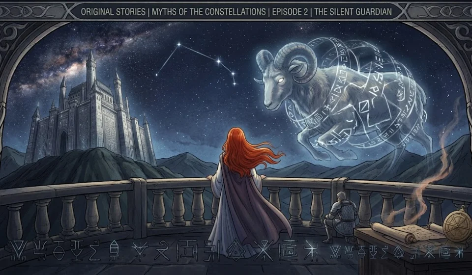 Myths of the Constellations Episode 2 The Silent Guardian official comic cover art featuring Lady Seraphina gazing at the bound giant celestial ram under the Aries constellation.