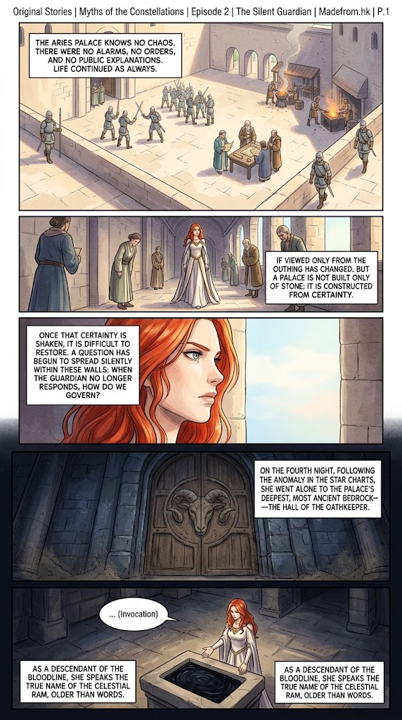 Myths of the Constellations Episode 2 The Silent Guardian Page 1 comic strip showing calm Aries Palace courtyard and Seraphina entering the ancient Hall of the Oathkeeper.