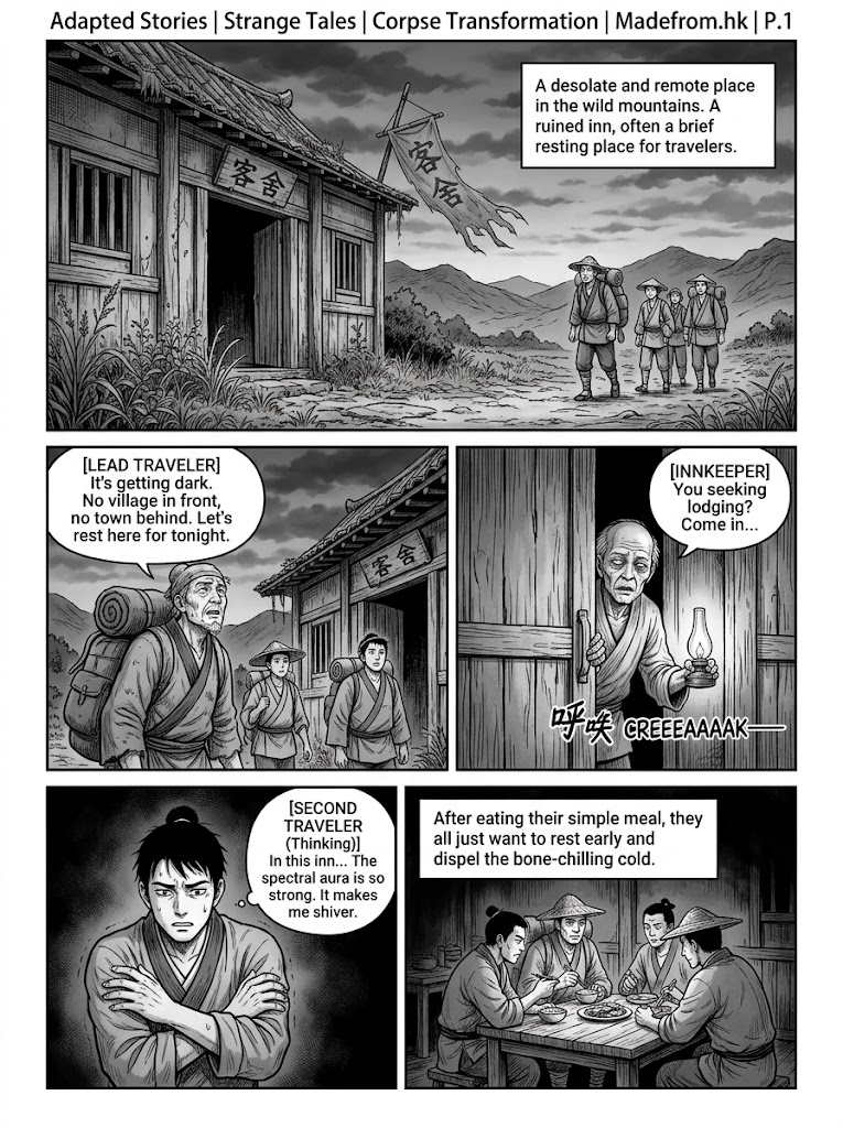 A 5-panel comic page introducing four travelers arriving at a desolate mountain inn at dusk, greeted by a deathly pale innkeeper holding a lantern.