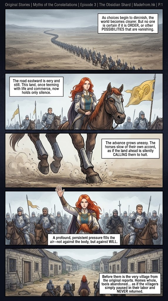 Myths of the Constellations Episode 3 P.1: Seraphina leads the Aries army along a silent eastern road toward an abandoned village, where an unexplained force begins to make the horses hesitate.