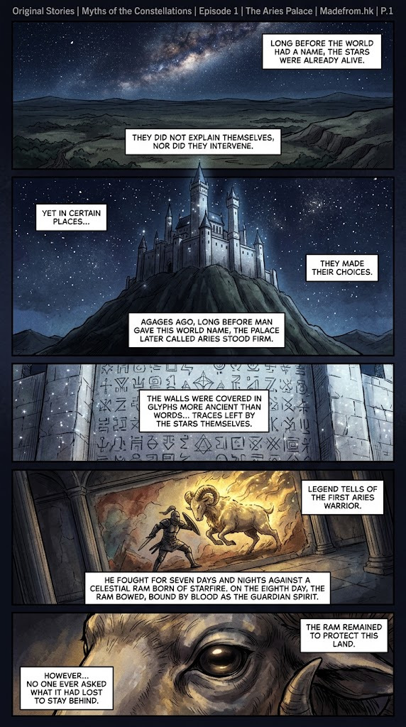 Myths of the Constellations Episode 1 The Aries Palace Page 1 comic strip showing starry night sky, Aries Palace on the hill, and ancient celestial ram mural.