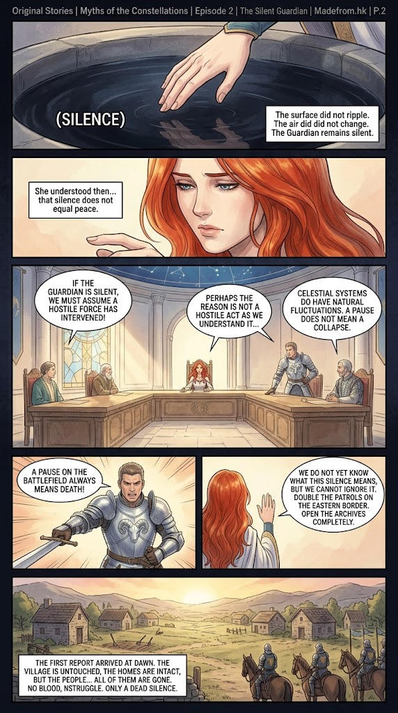 Myths of the Constellations Episode 2 The Silent Guardian Page 2 comic strip depicting the silent altar pool, council debate, and report of an empty abandoned border village.