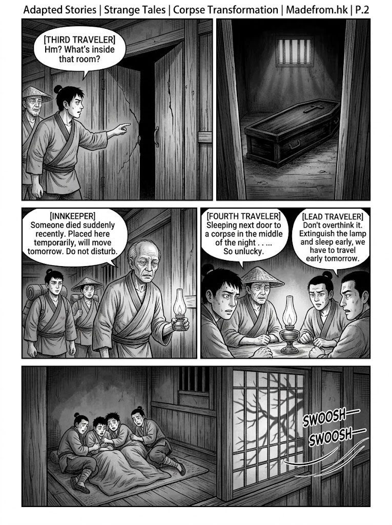 A 5-panel comic page where the travelers notice an unsealed coffin in a side room, are warned by the innkeeper, and lie awake nervously at night as wind howls outside