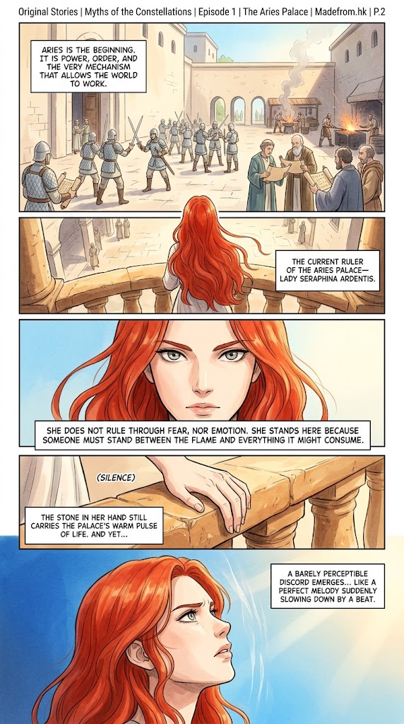 Myths of the Constellations Episode 1 The Aries Palace Page 2 comic strip featuring Lady Seraphina Ardentis observing the courtyard and sensing a disturbance.