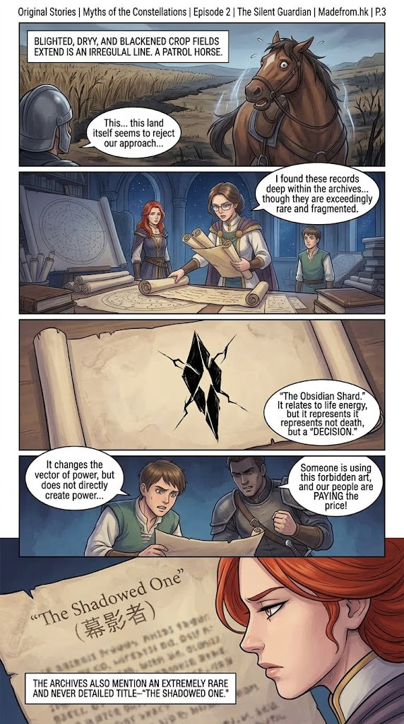 Myths of the Constellations Episode 2 The Silent Guardian Page 3 comic strip featuring withered fields, the Obsidian Shard symbol in ancient records, and the name The Shadowed One.