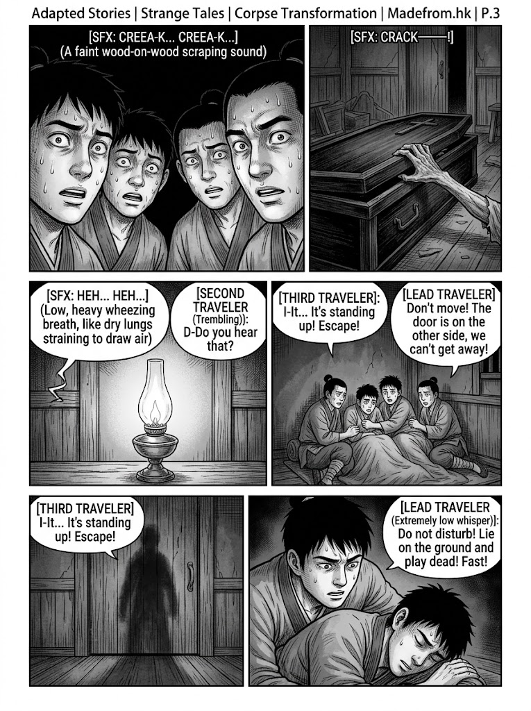 A 5-panel comic page showing the coffin lid popping open, a pale corpse rising, and the lead traveler hurriedly ordering his companions to drop to the floor and play dead.