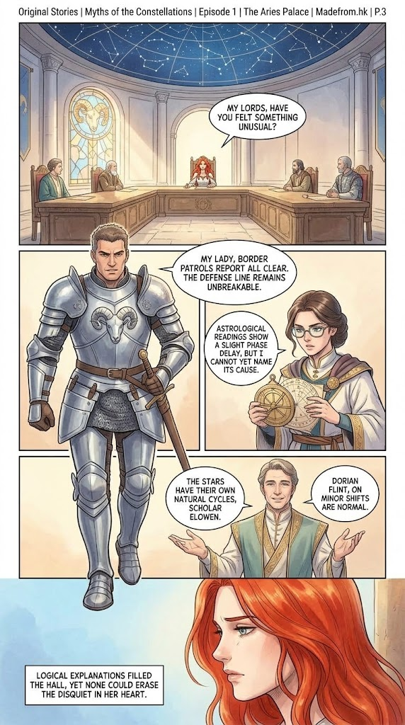 Myths of the Constellations Episode 1 The Aries Palace Page 3 comic strip showing Lady Seraphina in the council hall with General Cael, Scholar Elowen, and Dorian Flint.