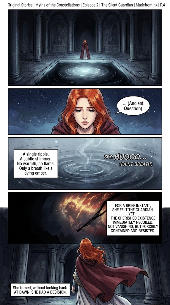 Myths of the Constellations Episode 2 The Silent Guardian Page 4 comic strip showing Seraphina questioning the dark pool and receiving a faint breath from the suppressed Guardian Spirit.