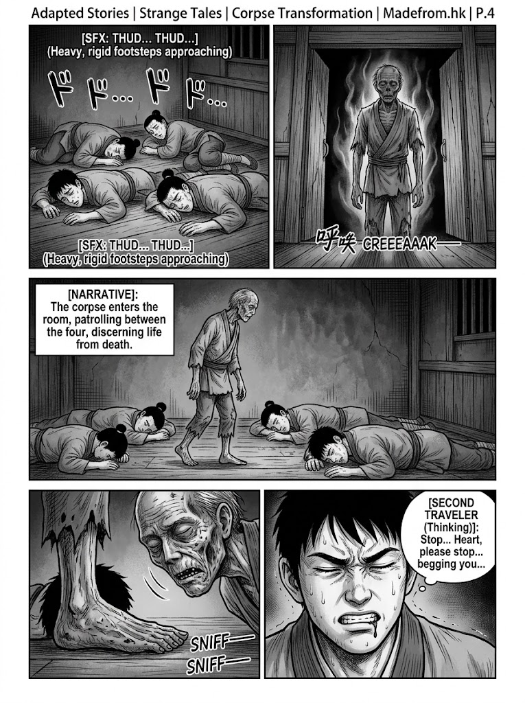 A 5-panel comic page depicting the rigid corpse entering the guest room, pacing among the motionless travelers, and leaning down to sniff the terrified second traveler.