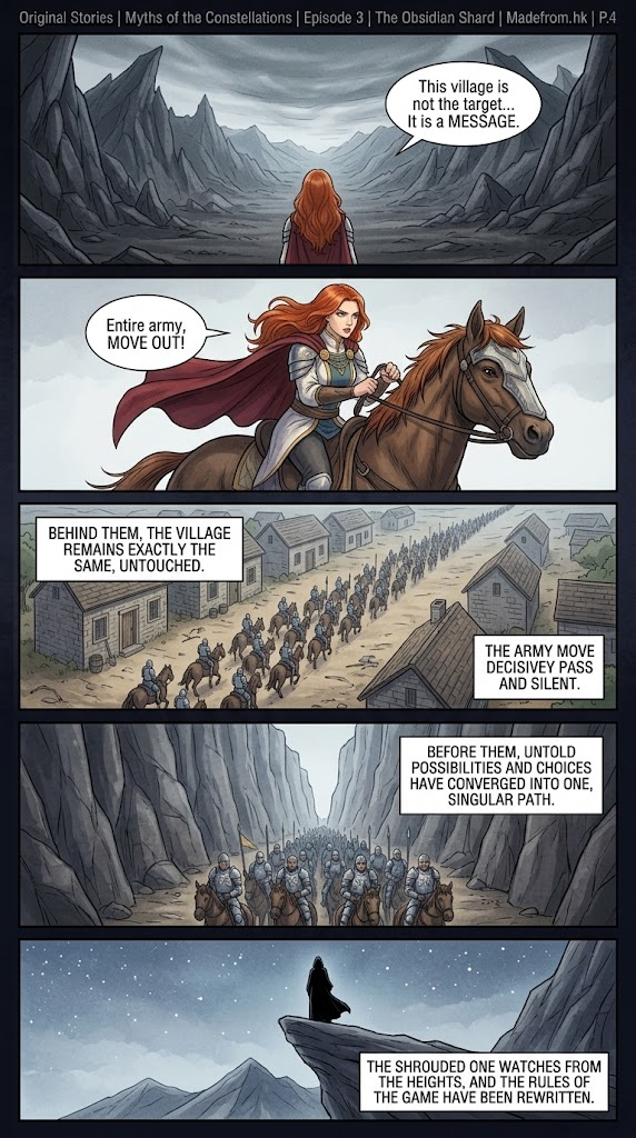 Myths of the Constellations Episode 3 P.4: Seraphina leads the Aries army toward a narrowing mountain passage while a mysterious shadowy figure watches from a distant ridge.