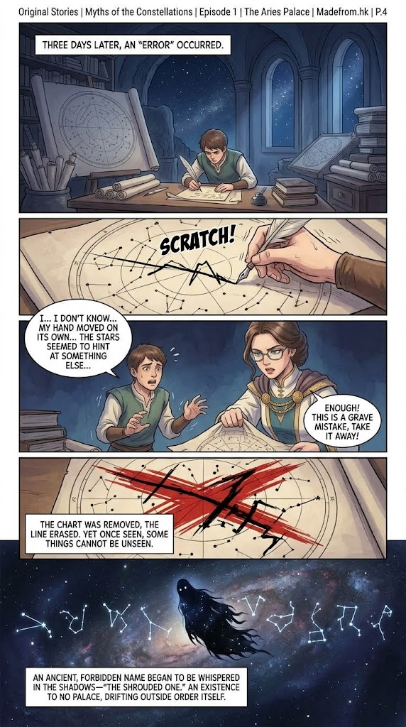 Myths of the Constellations Episode 1 The Aries Palace Page 4 comic strip depicting star chart anomaly, scholar erasing the line, and silhouette of The Shrouded One.
