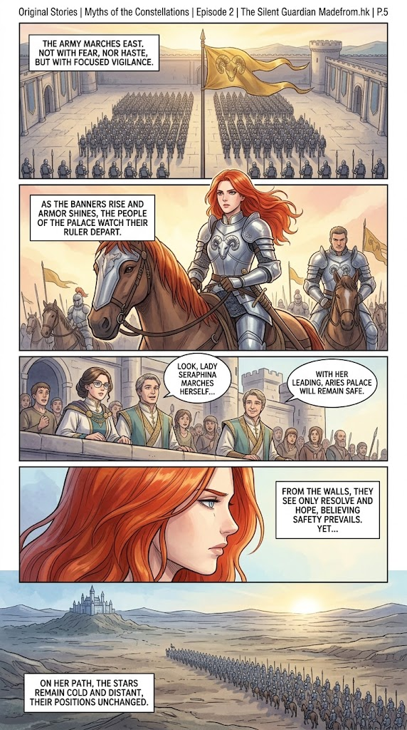 Myths of the Constellations Episode 2 The Silent Guardian Page 5 comic strip displaying Aries army marching east with banners raised as crowd watches from the city walls.