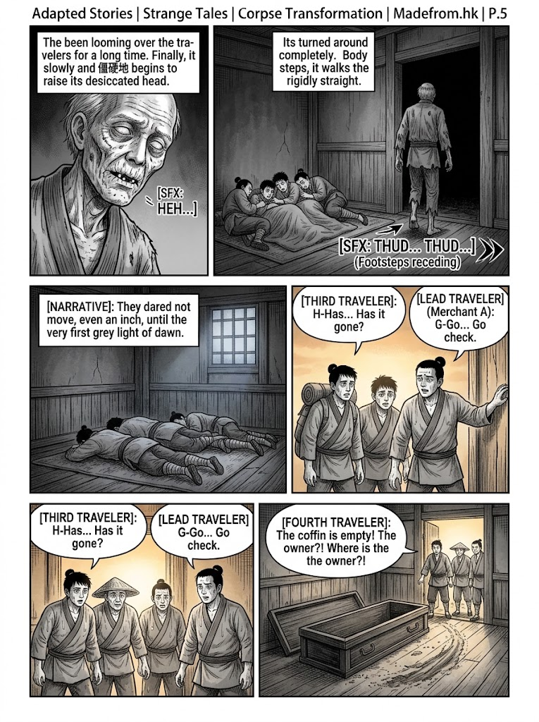 A 5-panel comic page where the corpse walks away undetected, and at dawn the surviving travelers inspect the empty coffin in panic.